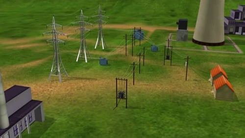 Central eléctrica industrial con líneas de transmisión eléctrica