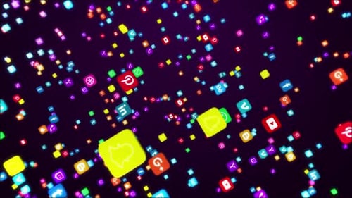 Colorful Social Media App Icons Flying Background Loop with Logo Reveal