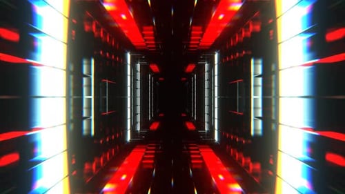 Red And White Green Cyber Tunnel With Glowing Neon Squares Background Vj Loop In 4K