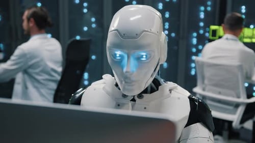 Futuristic Robot Typing Computer Keyboard Cloud Computing Webhosting Checking Server System Data