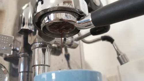Espresso extraction from a coffee into a teal coffee cup