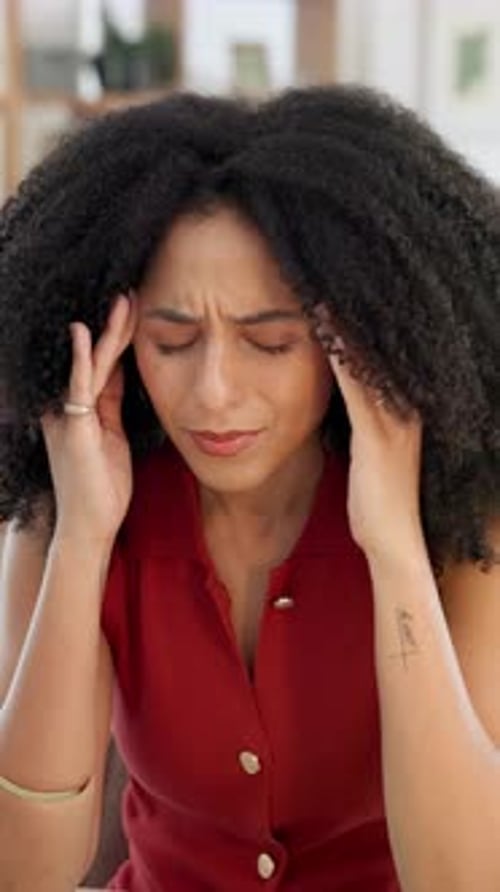 Headache, woman and pressure in office with migraine, frustrated or stress