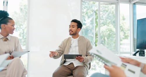 Businessman, talking or diversity workshop with tablet, paper or documents in startup