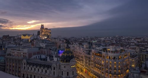 Timelapse of the Gran Via street in Madrid, Spain. Views from azotea del Circulo rooftop.