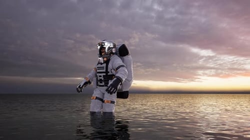 Astronaut in Water Watches Sci-Fi Spaceship Land at Sunset
