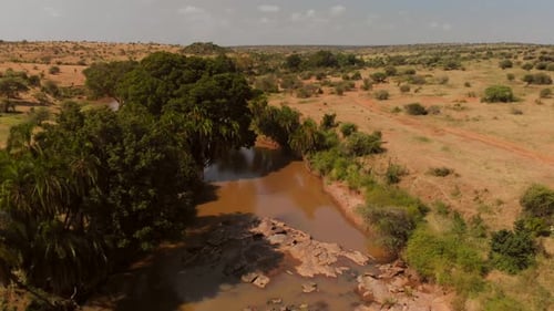 A river going through samburu/maasai land in Kenya. Aerials shots.