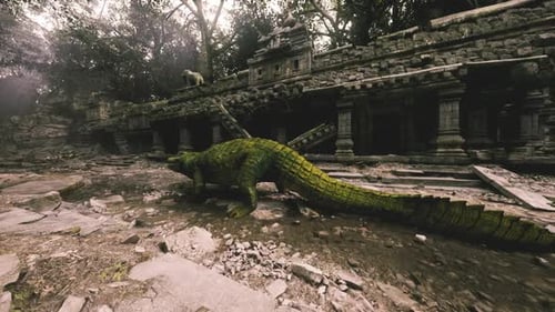 Crocodile Exploring Ancient Ruins in a Lush Overgrown Jungle Environment
