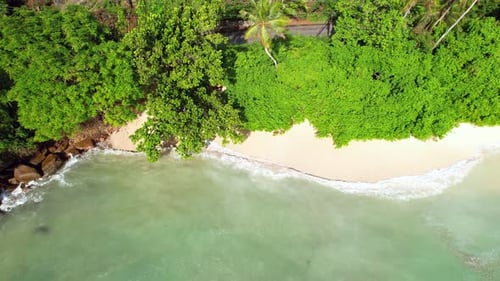 Drone footage of white sandy beach and passing vehicle, Mahe Seychelles 30fps