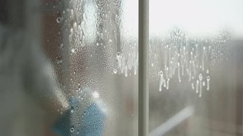 A Man Washes a Window Sprays a Spray on the Glass Cleans From Street Dirt Cleaning in the Apartment