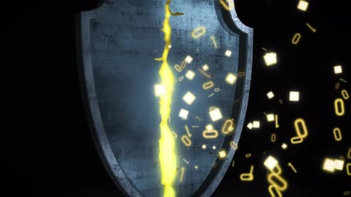 Dynamic camera movement around a cracked digital security shield with glowing breach line