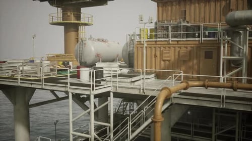 Old Oil Platform in the Ocean with Equipment and Infrastructure Details