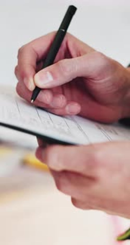 Hands, engineer and writing with clipboard at construction site, review or real estate development