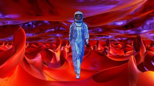Sci-Fi Astronaut Walking Through Surreal Organic Cavern Environment