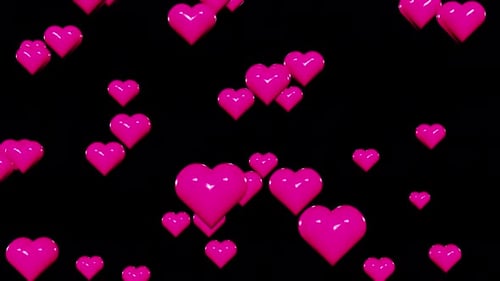 Pink valentines day hearts fall down on black background 3d render loop. Love concept, romantic