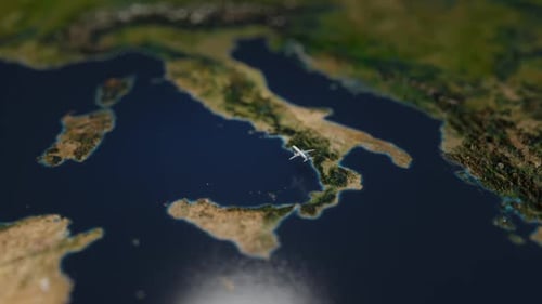 Airplane Flying Over Italy Map with Location Pin