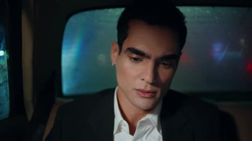 Serious Passenger Working Car Backseat Close Up Focused Man Pondering in Auto