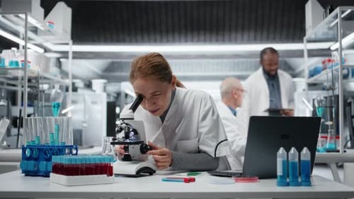 Scientist Uses Microscope in Brightly Lit Laboratory