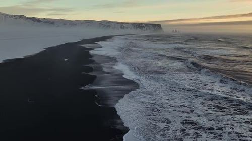 Aerial view of Reynisfjara black sand beach, Iceland.