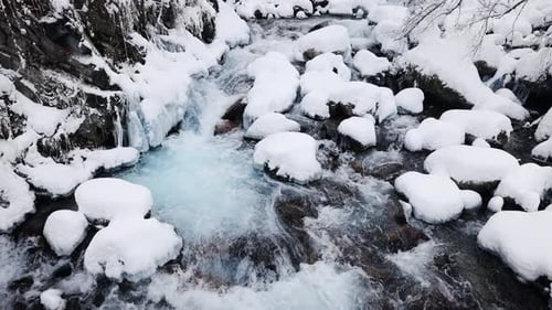 River Stream at Winter Snow Forest in the Mountains