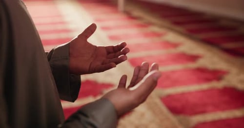 Islam, hands and man in mosque for prayer, devotion and faith in religion in Ramadan