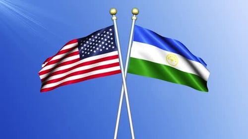 United States and Bashkortostan Flags Waving on Crossed Flagpoles