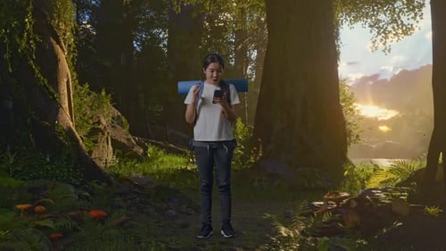 Young Woman Hiker Using Phone in Fantasy Forest