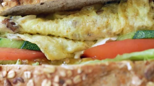 Grain Bread Sandwich with Omelet and Vegetables Close Up