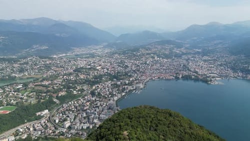 Aerial view of Lugano and Lake Lugano, Switzerland.