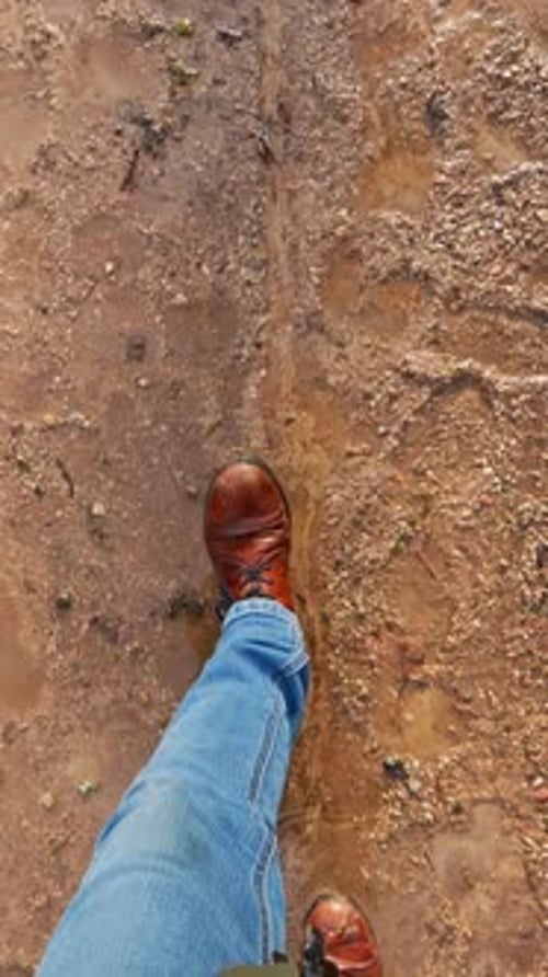 First-person view of brown leather shoes walking through wet mud, capturing messy ground texture,