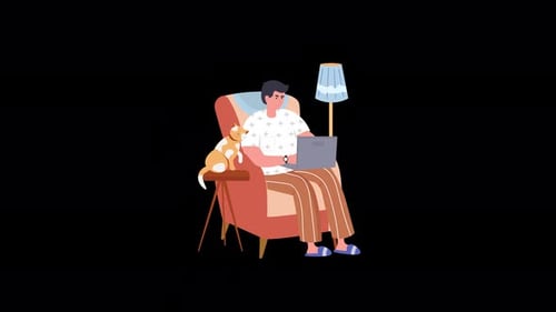 Cozy Evening: A Man Working on Laptop with His Cat in a Comfortable Living Room