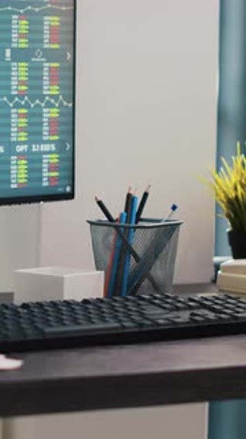 Vertical Video Stock Trading Economic Analytics Figures on PC Screen Close Up Shot