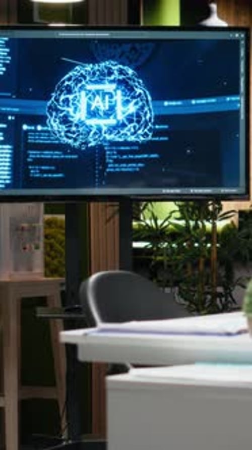 Vertical Video Artificial Intelligence Algorithms Displayed on Screen in High Rise Office
