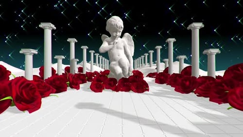 Animated Romantic Cherub with Red Roses and Classical Columns