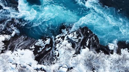 Waterfall in Iceland Snowy Mountain with Cold River in Winter Magical Winter Time Location of Snow
