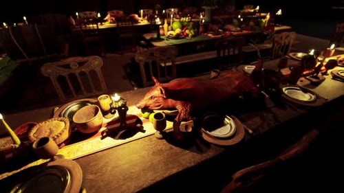 Grand Feast Table with Roasted Pig and Flickering Candles
