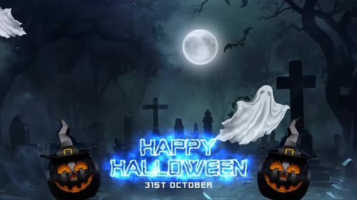 Animated Halloween Night Greeting with Spooky Ghosts and Glowing Text