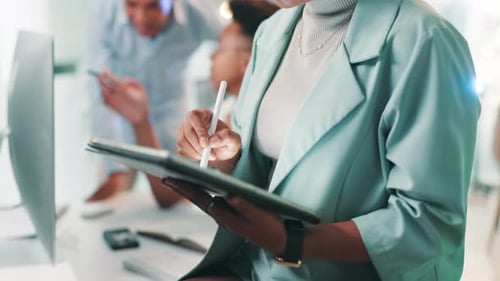 Woman, web designer and writing with tablet for app development, UI testing or UX at office