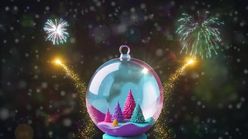 Fireworks exploding behind a Christmas snow globe