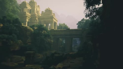 Structure de temple ombragée avec pont sur fond de ciel crépusculaire