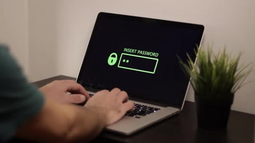 Man on laptop, security on internet. Green Display, Access denied message, side view