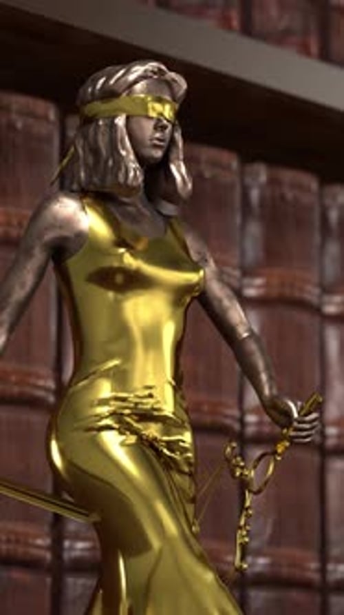 Blindfolded Lady Justice statue holding golden scales in courthouse setting.