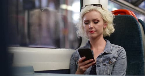Junge erwachsene Frau, die im Zug reist und aufs Smartphone schaut