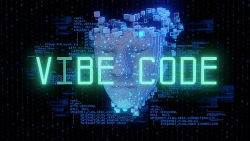 Futuristic digital face made of 3D code blocks with glowing VIBE CODE