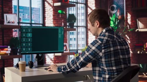 Mann hat Spaß an der Interaktion mit KI LLM Chatbot PC GPT Software auf dem PC