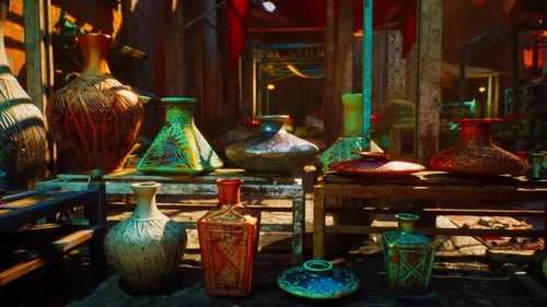 Colorful Ornate Vases in a Market Setting