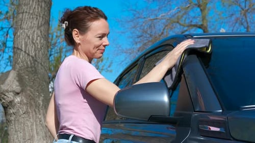 Desinfección de automóviles femeninos al aire libre