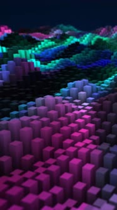 Colorful 3D landscape composed of small cube blocks in vibrant gradient tones