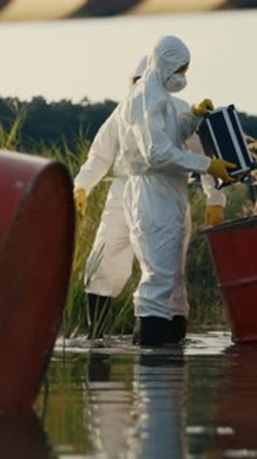 People in Hazmat Suits Inspecting Barrels in Wetland