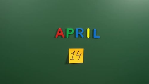 Hand sticking a sticker 14 April calendar day on school board. 14 date of April. Fourteenth day