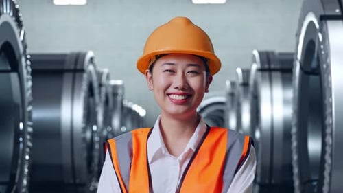 Asian Female Engineer Crossing Her Arms And Smiling To Camera In Metal Factory